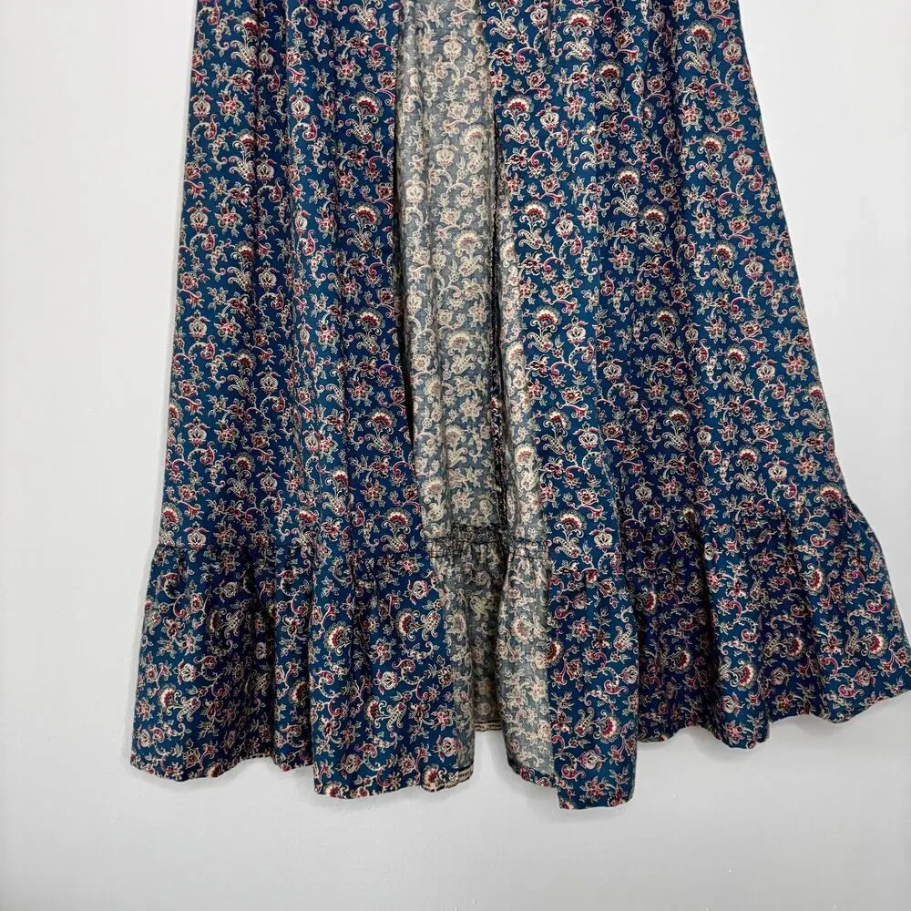 Vintage 1970s Handmade Blue Paisley Chore Skirt Apron Ruffle Pockets Large